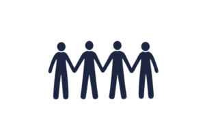 Four stylized figures standing side by side, holding hands, symbolizing unity and collaboration. png