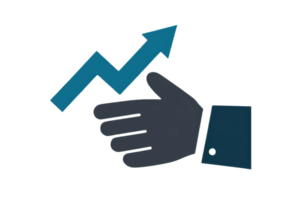 A stylized hand symbolizes growth with an upward-pointing arrow, representing progress or an increase in metrics. png