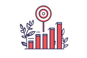 A stylized chart with varying height bars and a bullseye target above, symbolizing data analysis and goal setting. png