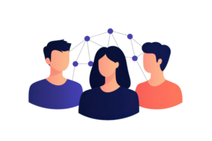 Three stylized figures representing diverse individuals connected by a network of nodes, illustrating community or collaboration. png