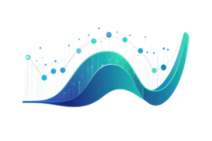 A modern, abstract wave graphic featuring varying shades of blue and green, overlaid with data points along vertical lines. png