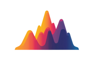 Vibrant, colorful waveforms resembling mountain peaks in various shades of orange, pink, and blue, representing sound or data visualization. png