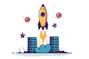 A vibrant rocket launches into the sky, surrounded by colorful elements, representing innovation and adventure. png