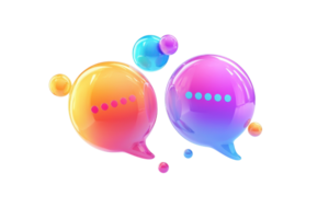 Two colorful chat bubbles in vibrant orange and purple hues, each with dot patterns, symbolize communication and conversation. png