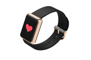 A sleek smartwatch featuring a black strap and a gold frame, displaying a red heart icon on its screen. png