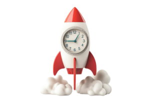A whimsical clock designed as a rocket, complete with red accents and fluffy white clouds, symbolizing adventure and time. png