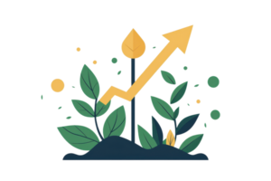 A rising arrow intersects green leaves and droplets, symbolizing growth and progress in a natural context. png