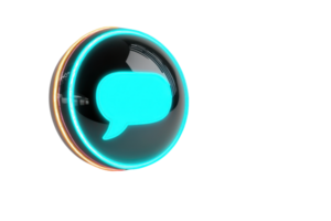 A glowing speech bubble icon centered in a circular frame, emitting a teal light, symbolizing communication. png
