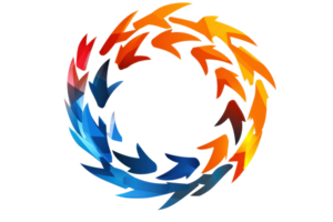A circular arrangement of colorful arrows in various shades, symbolizing movement and direction. png