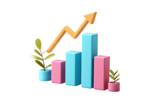 A colorful bar chart with an upward arrow, accompanied by small green plants, symbolizing growth and progress. png