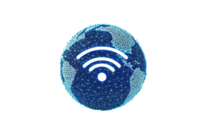 A digital globe symbol featuring Wi-Fi signal waves, emphasizing global connectivity and technology. png