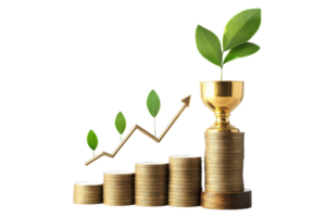 A stack of coins topped with a trophy and a growing plant symbolizes financial growth and investment. png