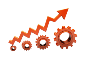 An upward arrow alongside four gears symbolizes progress, efficiency, and growth in a business or technological context. png