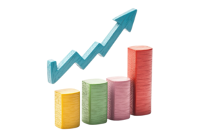 Colorful bar graph with an upward trend represented by an arrow, indicating growth and progress in metrics or statistics. png