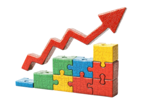 A colorful puzzle chart illustrating upward growth with an arrow, symbolizing progress and success. png