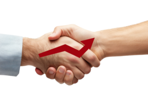 A handshake symbolizing agreement and cooperation, highlighted by an upward arrow to indicate growth or progress. png