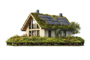 A modern eco-friendly house adorned with greenery and solar panels, showcasing sustainable living. png