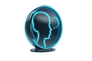 A glowing circular icon depicting a silhouette of a head with a speech bubble, symbolizing communication or conversation. png