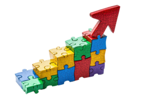 A colorful stack of puzzle pieces forms a staircase, leading up to a bold red arrow symbolizing growth and progress. png