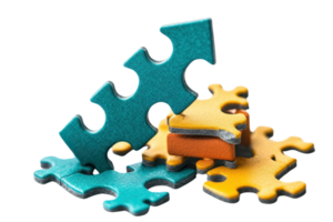 Colorful puzzle pieces stacked together with an upward arrow shape, showcasing creativity and problem-solving themes. png