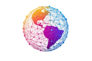 A colorful, stylized globe composed of interconnected lines and nodes, representing a global network. png