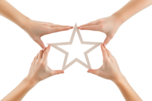 Hands shape a star against a transparent background, symbolizing creativity, teamwork, and inspiration in a minimalist design. png
