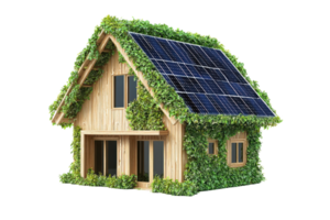 A miniature house covered in greenery and featuring solar panels on the roof. png