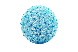 A spherical network structure composed of interconnected blue lines and nodes. png