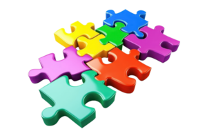 Colorful interlocking puzzle pieces arranged creatively in various shapes and hues. png