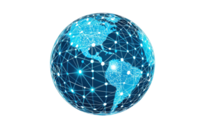 A stylized, interconnected globe depicting the Americas with vibrant blue lines representing networks and digital connections. png