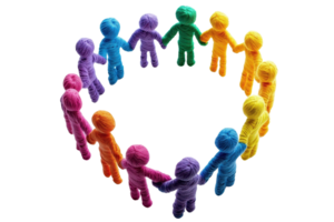 Colorful figures arranged in a circle, holding hands, symbolizing unity and diversity. png