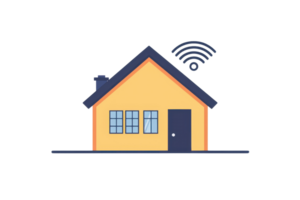 A simple, modern house illustration with a chimney and Wi-Fi signal icon, depicting connectivity and home life. png