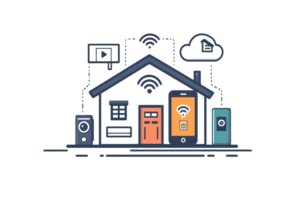A modern house illustration featuring smart technology elements, including devices for connectivity and home automation. png