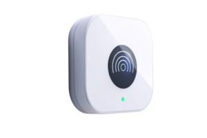 A sleek, white wireless device featuring a circular interface and a glowing indicator light, designed for connectivity and signal transmission. png
