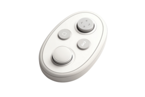 A modern, oval-shaped remote control featuring four distinct buttons in a sleek white design. png