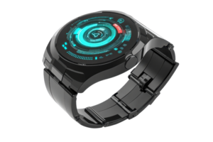 A sleek, futuristic smartwatch featuring a vibrant, interactive display with digital icons and a modern design. png