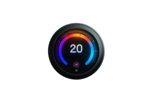 A digital thermostat display shows a temperature setting of 20 degrees, with a colorful temperature range indicator. png