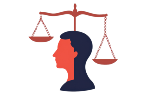 A silhouette of a person head under a balancing scale, symbolizing justice, fairness, and equilibrium. png