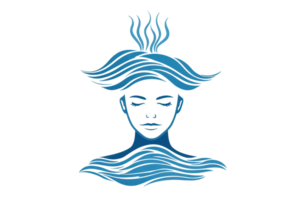 A stylized blue figure with flowing hair and serene facial features, embodying a sense of tranquility and calmness. png