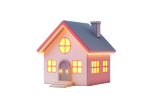 A charming house with glowing windows and a welcoming door, featuring a sloped roof and a chimney. png