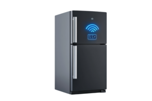 A sleek black refrigerator with a digital display and Wi-Fi connectivity features. png