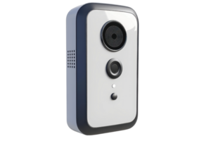 A sleek security camera with a distinct lens and button interface, designed for monitoring and surveillance. png