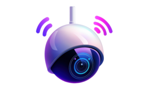 A modern surveillance camera design featuring a spherical lens with a visible camera and signal waves emanating. png