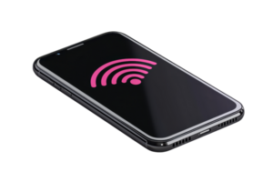 A sleek smartphone displaying a pink Wi-Fi signal icon on its screen, emphasizing connectivity and modern technology. png