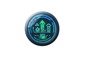 A digital interface displaying green icons of buildings and mountains within a circular gauge. png