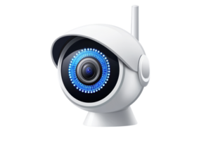 A sleek, modern security camera featuring a circular lens and blue LED lights, designed for monitoring and surveillance purposes. png