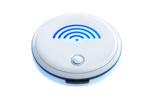 A circular device featuring a blue wireless signal icon, designed for connectivity and smart technology applications. png