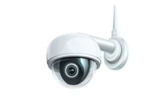 A sleek, white security camera featuring a rounded design and an antenna for wireless connectivity. png