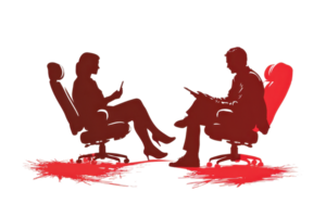 Two silhouetted figures sitting in chairs, each holding a device, facing each other, surrounded by splashes of red. png