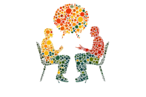 Two abstract figures engaged in a lively discussion, illustrated with colorful circles forming thought bubbles. png